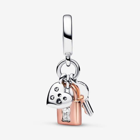 Pandora Two-tone Key, Padlock & Heart Triple Dangle Charm