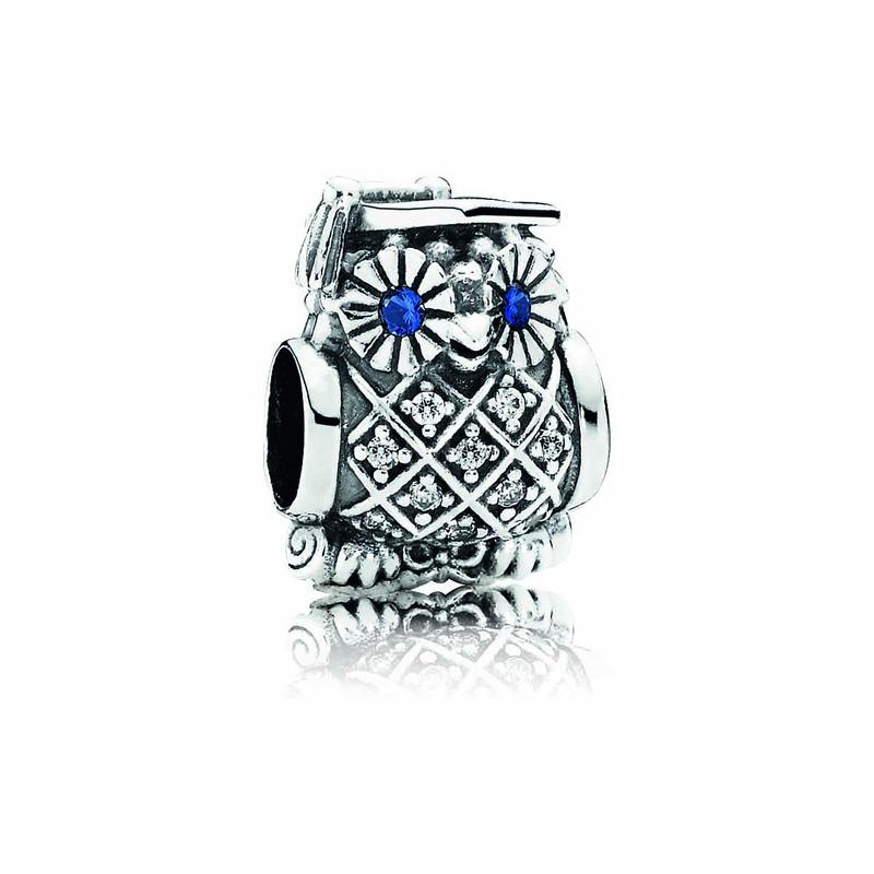 Pandora Charm Graduate Owl Swiss Blue Crystal And Clear