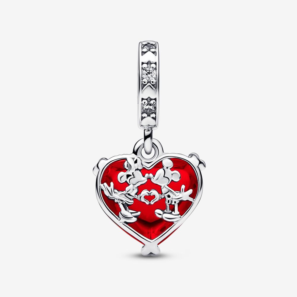 Pandora Disney Mickey &amp; Minnie Mouse Kiss Red Murano Glass Dangle Charm