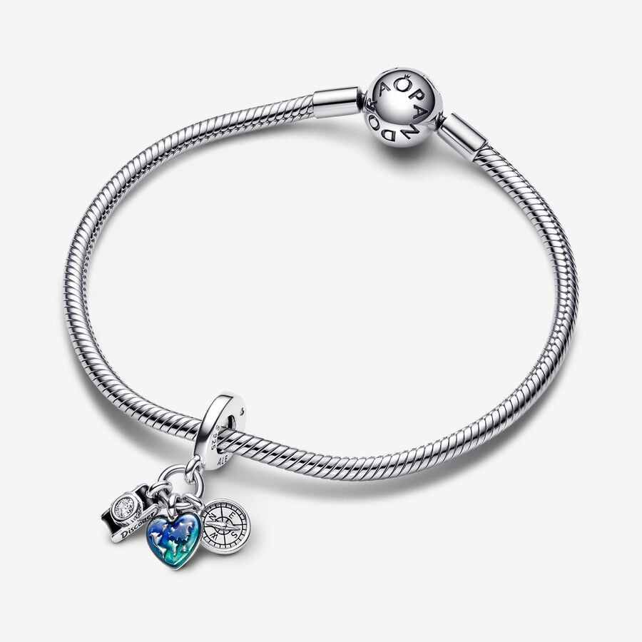 Pandora Camera, Heart &amp; Compass Triple Dangle Charm