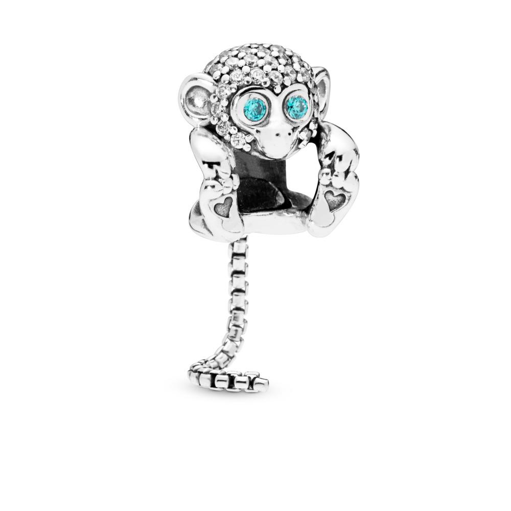 Pandora Monkey Silver Charm With Clear And Teal Cubic