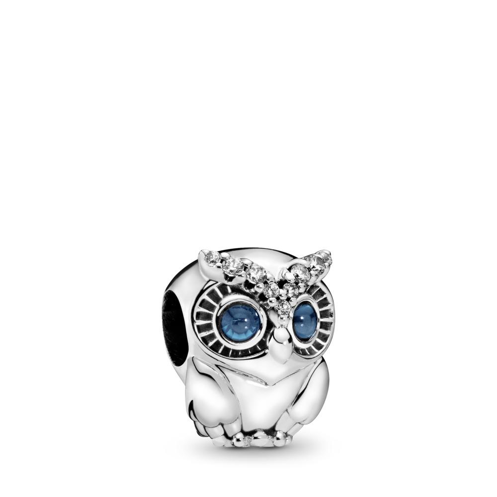 Pandora Owl Sterling Silver Charm With Bright Cobalt Blue