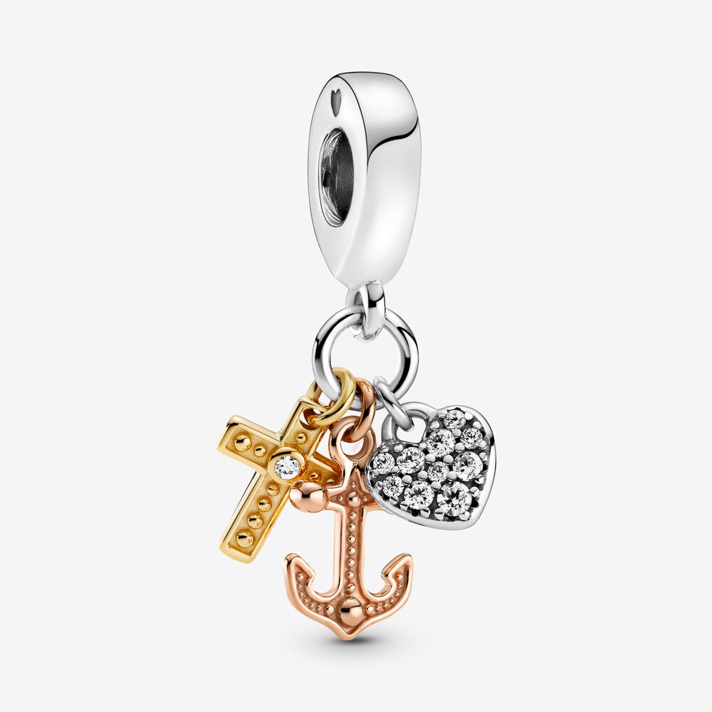 Pandora Triple-tone Cross, Heart, &amp; Anchor Dangle Charm