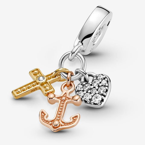 Pandora Triple-tone Cross, Heart, & Anchor Dangle Charm