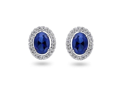 0.21TDW Diamond & 2.5X3MM Oval Sapphire Halo Earrings in 10k White Gold