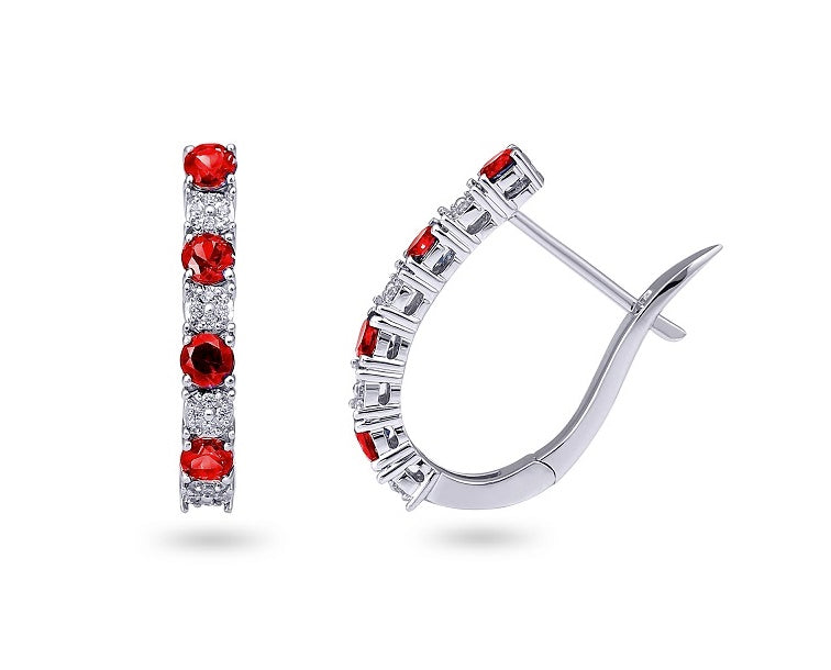0.08TDW Diamond &amp; Ruby Hoop Earrings in 10K White Gold