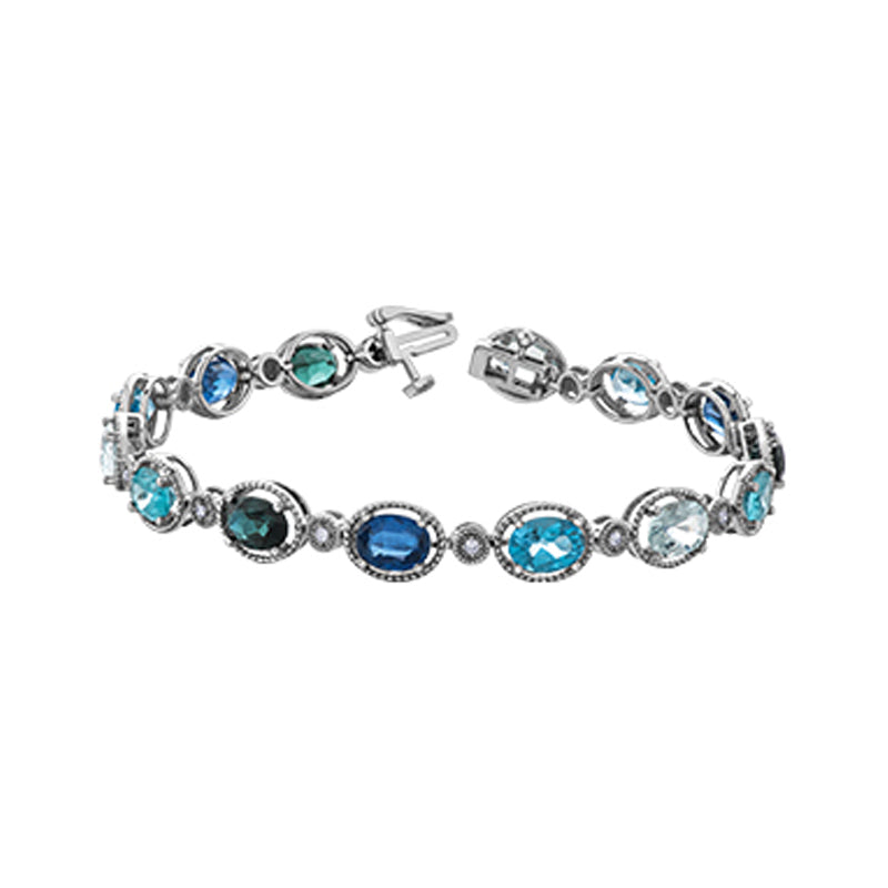 0.14TDW Diamond and Blue Gemstone Bracelet in 10K White Gold