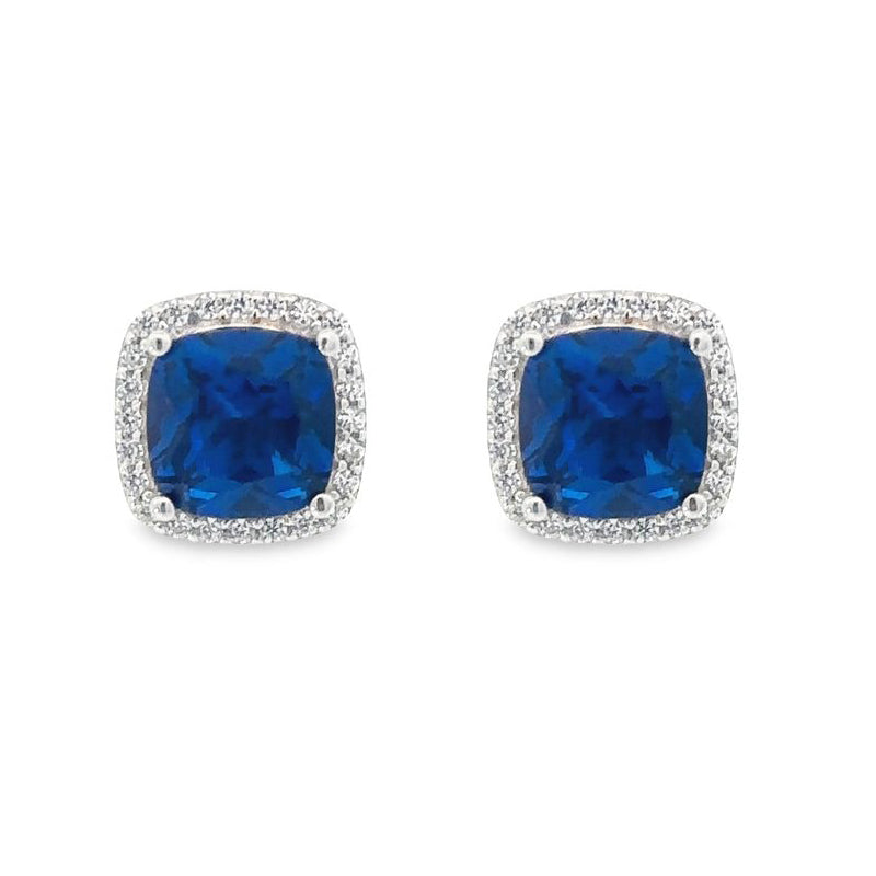September Birthstone Sapphire Color CZ Cushion Earrings In Sterling Silver