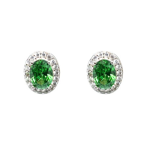 May Birthstone Emerald Color CZ Oval Earring In Sterling Silver