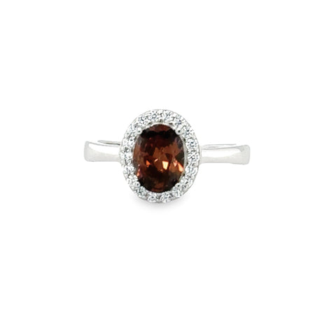 June Birthstone Rhodolite Color CZ Oval Halo Ring in Sterling Silver