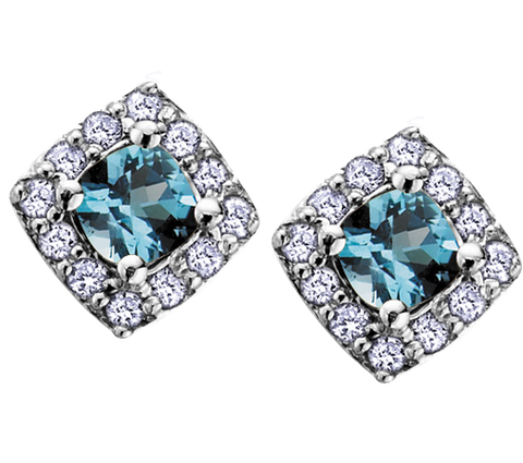10k White Gold Blue Topaz and Diamond Halo Earrings