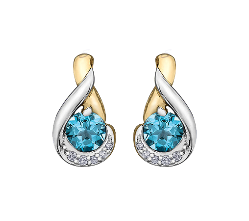 10k White and Yellow Gold Blue Topaz and Diamond Fancy Stud Earring