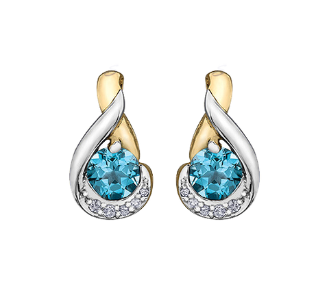 10k White and Yellow Gold Blue Topaz and Diamond Fancy Stud Earring