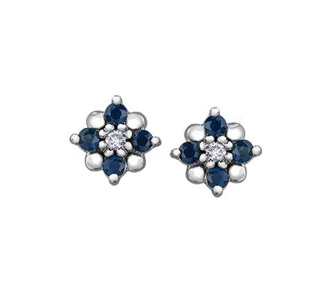 10k White Gold Blue Sapphire and Diamond Floral stud Earrings