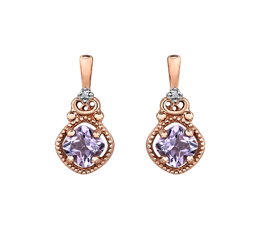 10K Rose Gold Pink Amethyst and Diamond Earrings