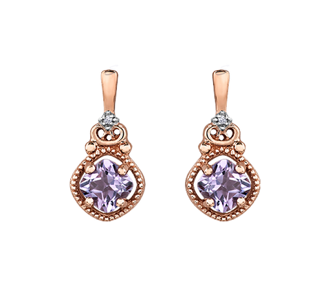 10K Rose Gold Pink Amethyst and Diamond Earrings