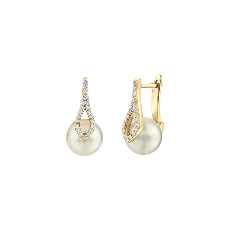 10K Yellow Gold 8MM Pearl Gemstione 0.18TDW Diamond Earrings