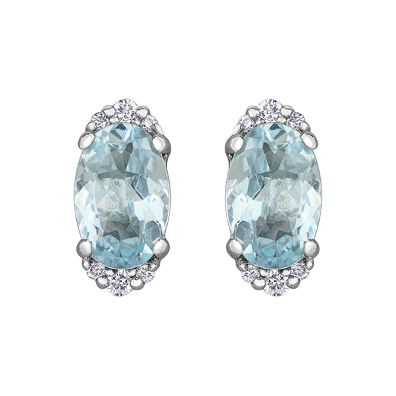 10K White Gold Earrings with 6X4MM Aquamarine and 0.05TDW Diamond Accents