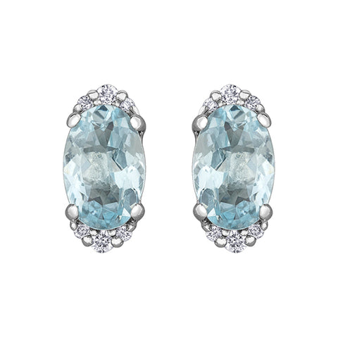 10K White Gold Earrings with 6X4MM Aquamarine and 0.05TDW Diamond Accents