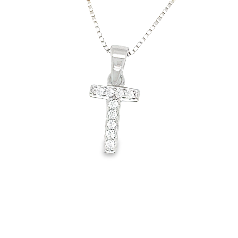 Sterling Silver Cubic Zirconia Initial Letter T Pendant