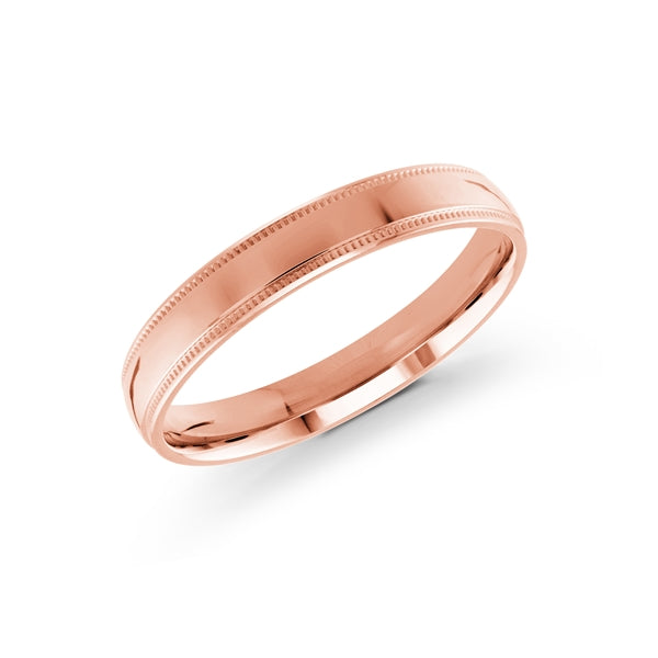 10, 14 Karat 3mm Solid Pink Gold High Polish Milgrain Edge Wedding Band
