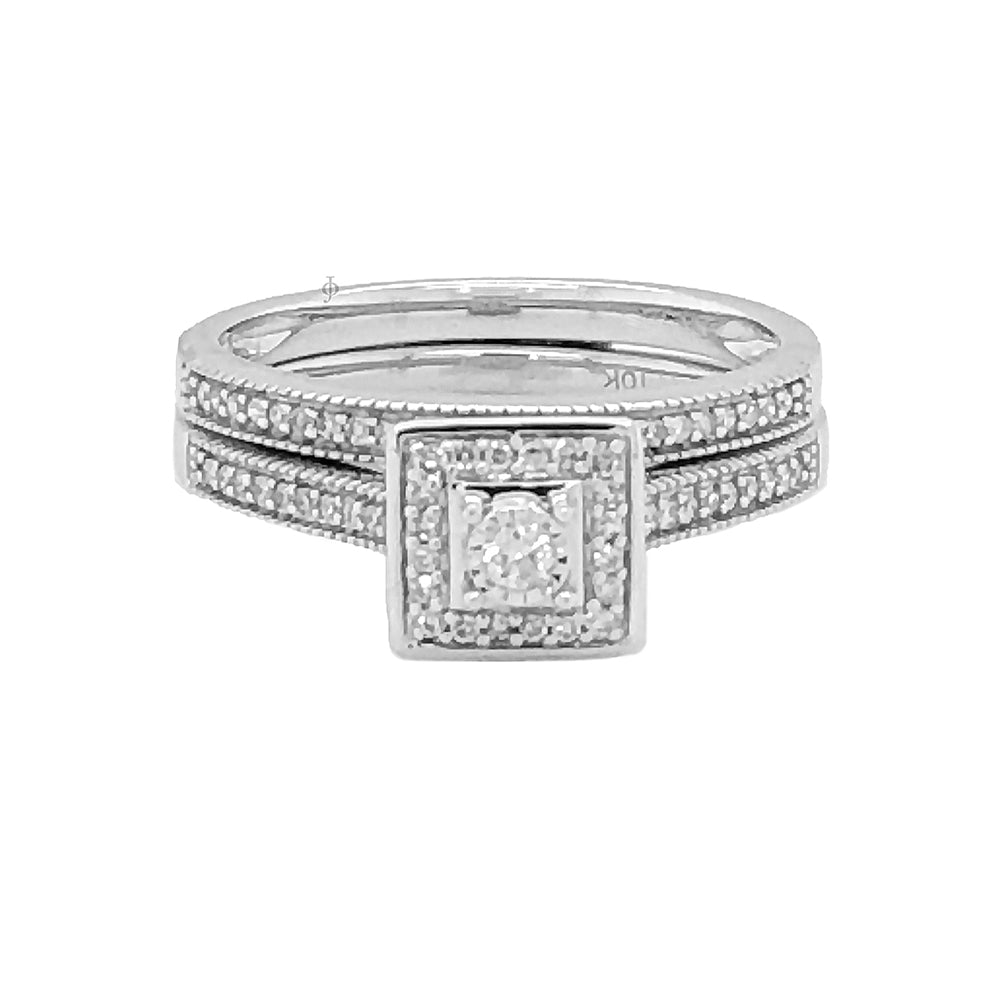 10K White Gold 0.25TDW Diamond Solitaire With Square Halo Vintage Wedding Set
