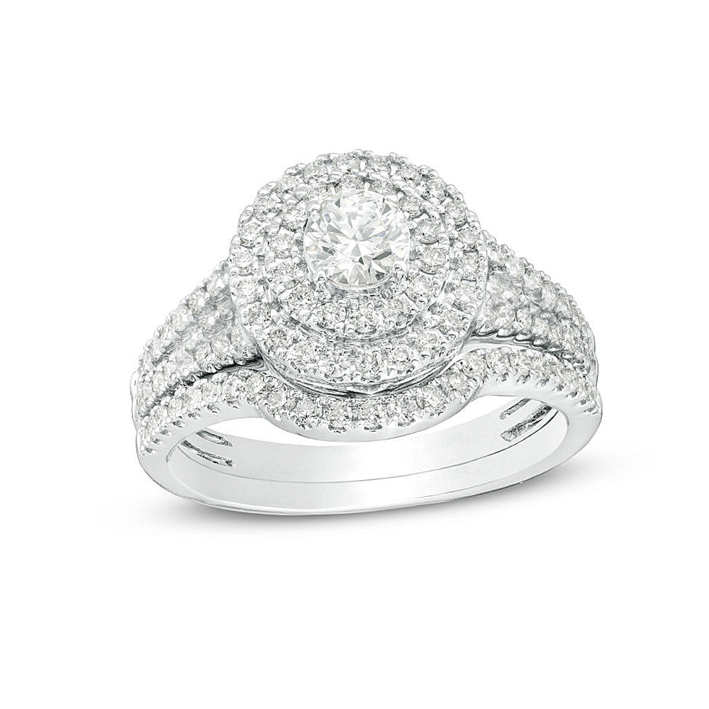 14K White Gold 1.00TDW Diamond Double Round Halo Engagement Bridal Set