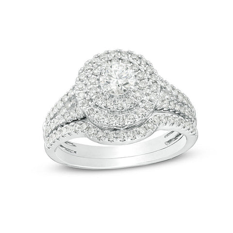 14K White Gold 1.00TDW Diamond Double Round Halo Engagement Bridal Set