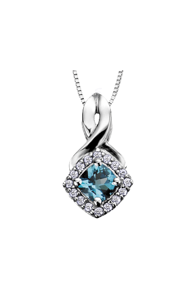 10K White Gold Blue Topaz and Diamond Halo Pendant with Chain