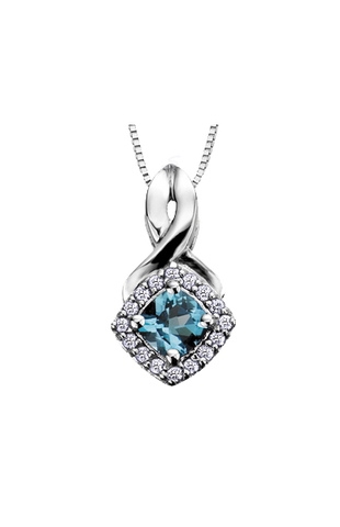 10K White Gold Blue Topaz and Diamond Halo Pendant with Chain