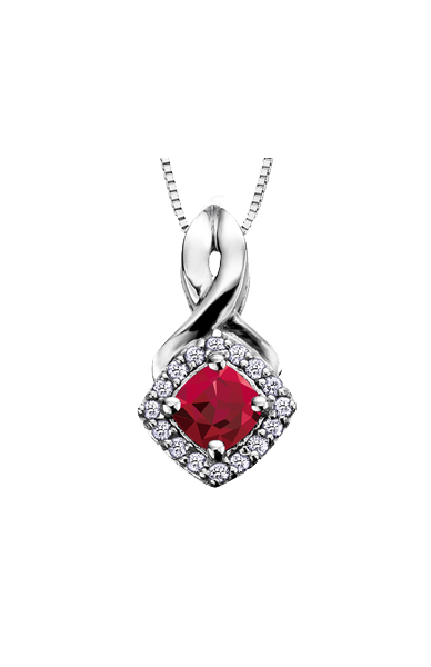 10K White Gold Garnet and Diamond Halo Pendant with Chain