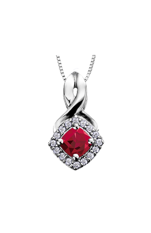 10K White Gold Garnet and Diamond Halo Pendant with Chain