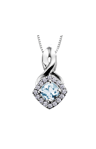 10K White Gold Aquamarine and Diamond Halo Pendant with Chain