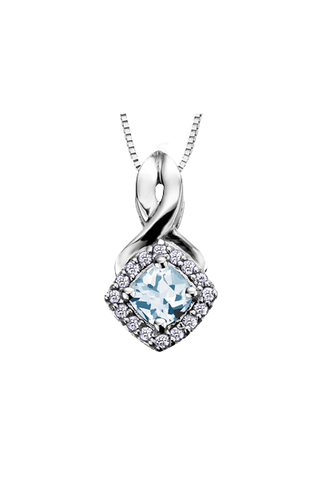 10K White Gold Aquamarine and Diamond Halo Pendant with Chain