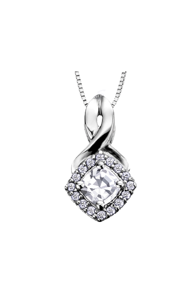 10K White Gold White Zircon and Diamond Halo Pendant with Chain