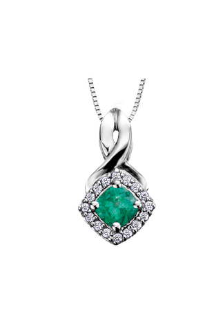 10K White Gold Emerald and Diamond Halo Pendant with Chain