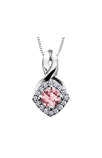 10K White Gold Pink Tourmaline and Diamond Halo Pendant with Chain