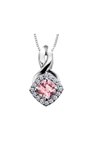10K White Gold Pink Tourmaline and Diamond Halo Pendant with Chain