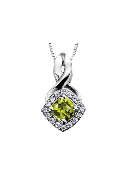 10K White Gold Peridot and Diamond Halo Pendant with Chain