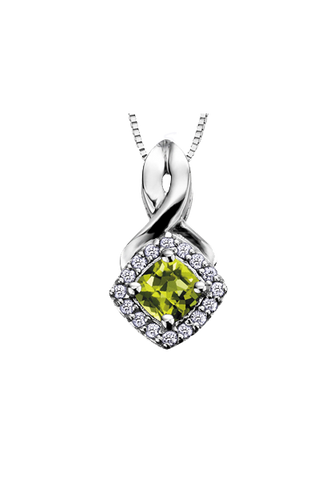 10K White Gold Peridot and Diamond Halo Pendant with Chain