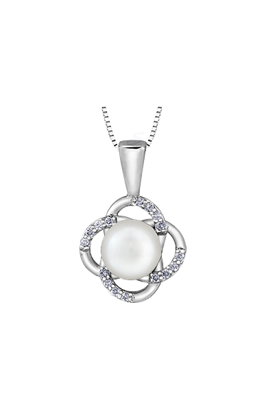 10K White Gold Pearl and Diamond Pendant with Chain