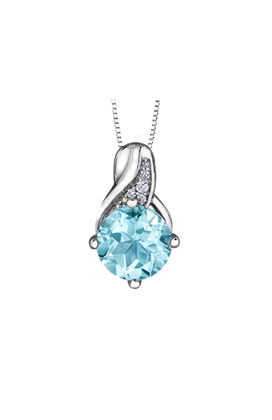 10K White Gold Blue Topaz and Diamond Pendant with Chain