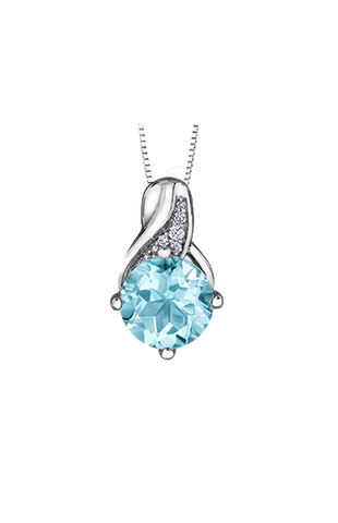 10K White Gold Blue Topaz and Diamond Pendant with Chain
