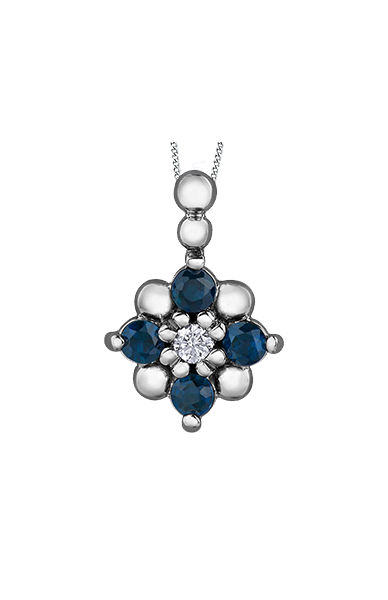 10K White Gold Blue Sapphire and Diamond Floral Pendant with Chain