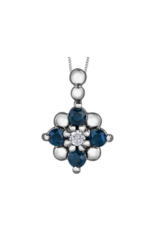 10K White Gold Blue Sapphire and Diamond Floral Pendant with Chain