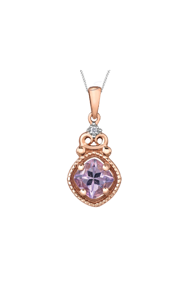 10K Rose Gold Pink Amethyst and Diamond Pendant with Chain