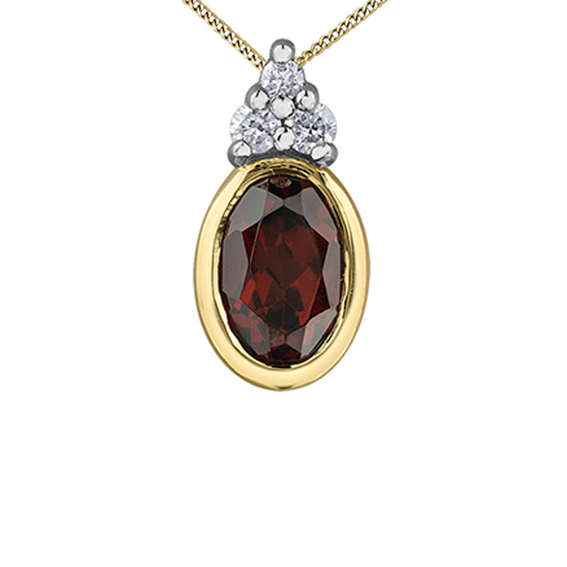 0.04TDW Diamond and 6X4MM Garnet Oval Pendant in 10K Yellow Gold