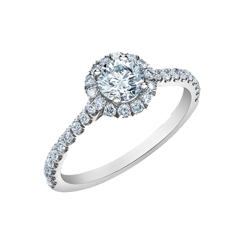 14K White Gold 0.86tdw Lab Grown Round Halo Diamond Engagement Ring With Side Diamonds.