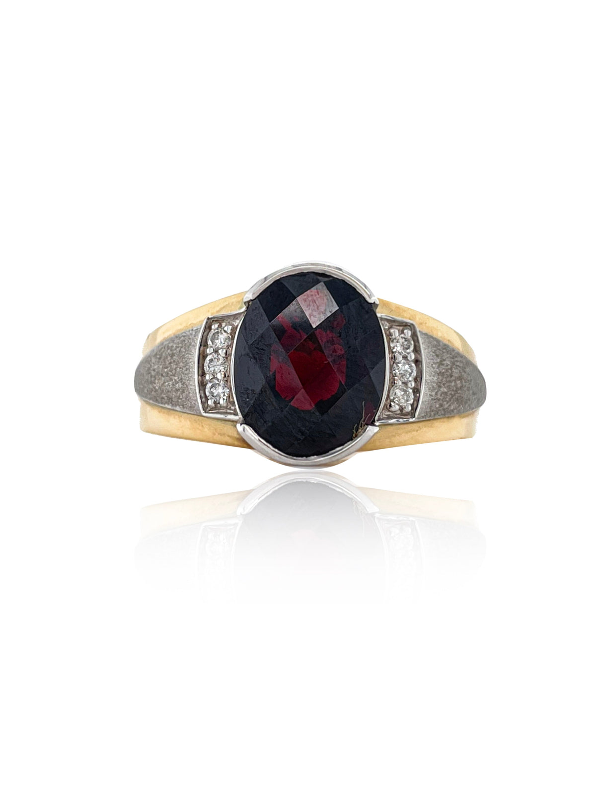 14K Yellow And White Gold 0.08CT Diamond and Oval Garnet Ring With Sand Blast Finish Sides