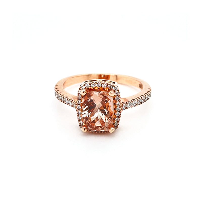 10K Rose Gold 0.35TDW Diamond And Emerald Cut Morganite Halo Solitaire Ring
